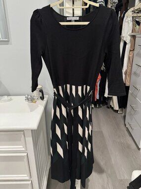 Danny & Nicole Womens 3/4 Sleeve Belted Geometric Sweater Dress Size Medium